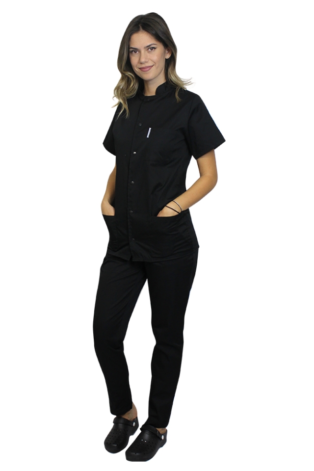 Halat medical negru cu guler tip tunica si trei buzunare  2